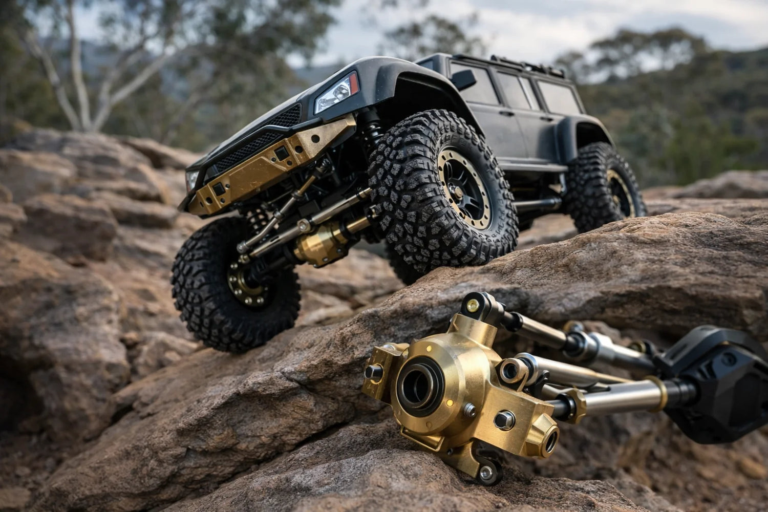 Traxxas TRX-4 crawler on Australian rocks with brass portal cover
