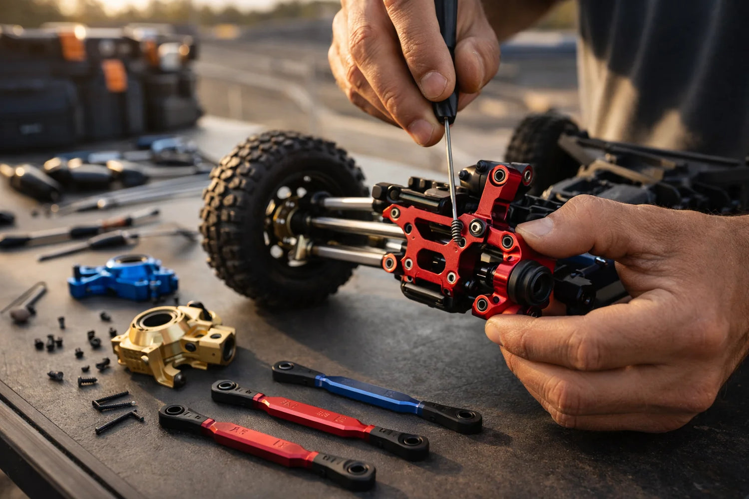 Hands installing red aluminium RC upgrade parts with tools